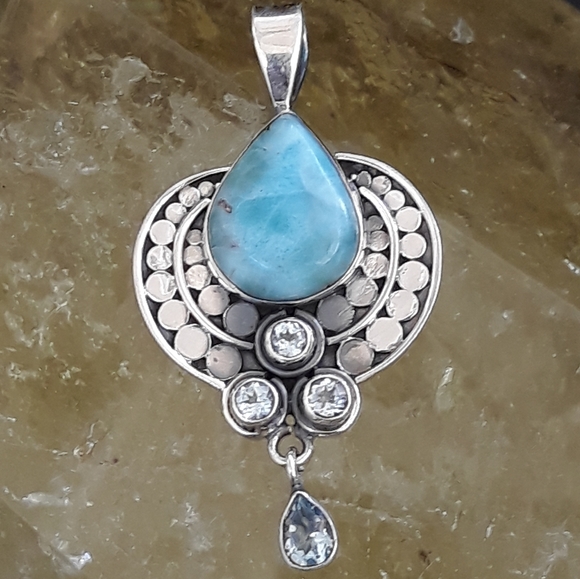 Sterling Silver Natural Larimar and Blue Quartz - Picture 2 of 10